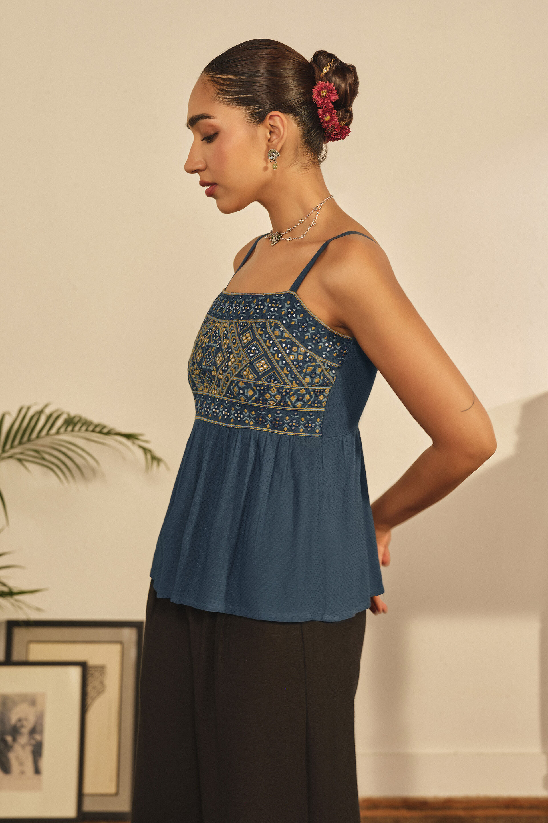 Embroidered Strappy Peplum Top in Teal, Teal, image 2